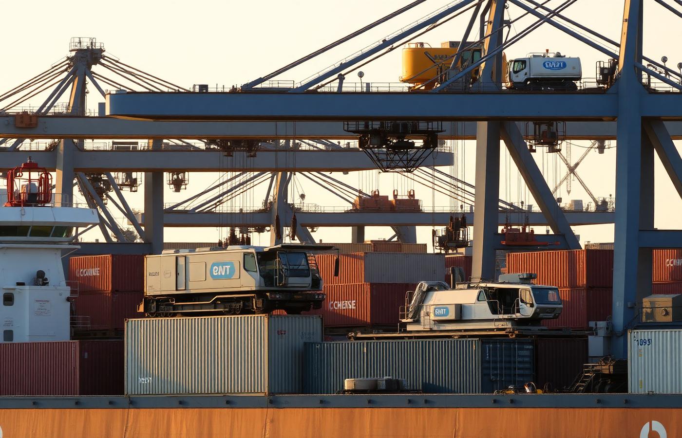Construction machinery loaded for export at shipping port
