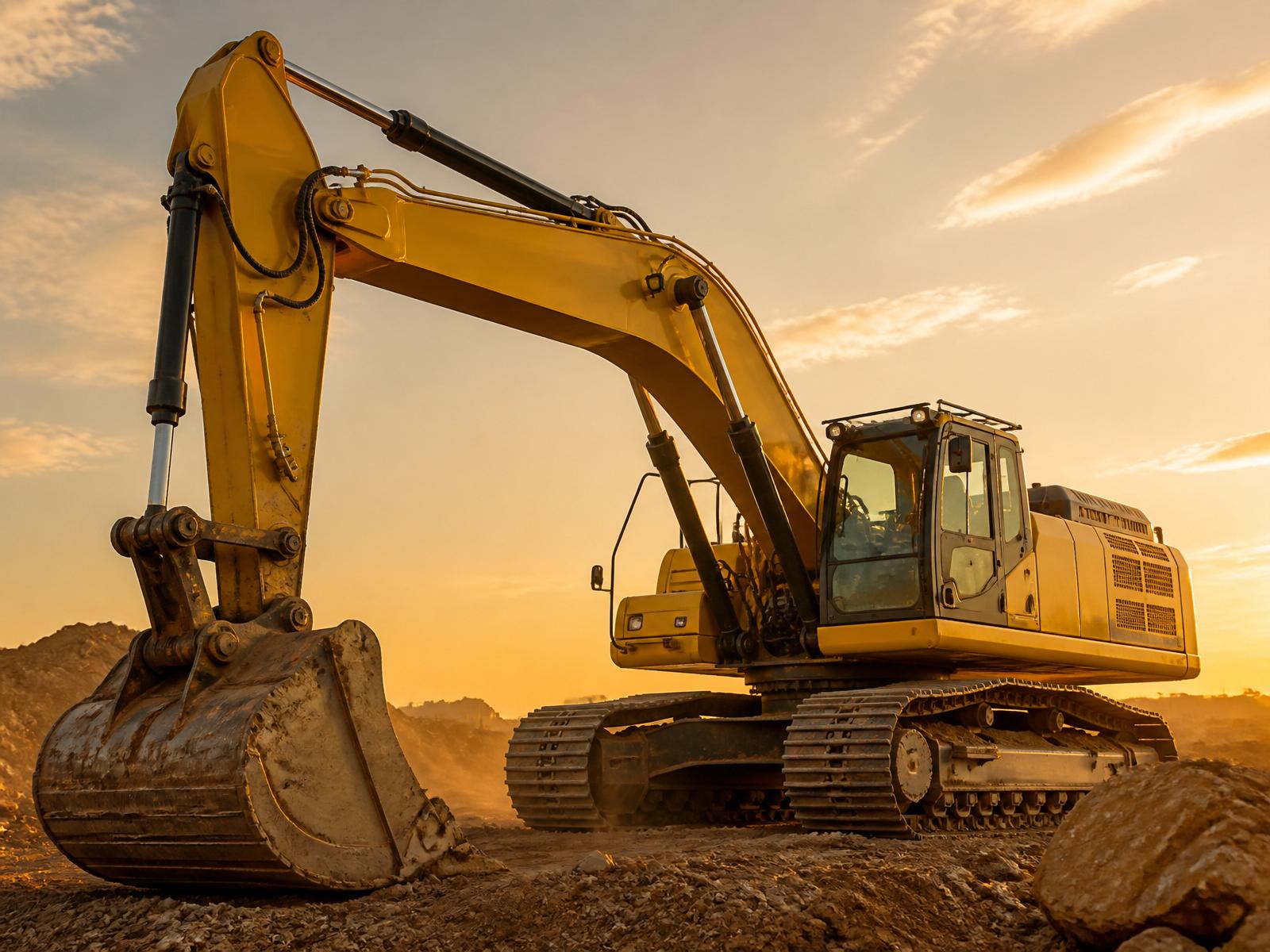 Yellow hydraulic excavator at work on a construction site